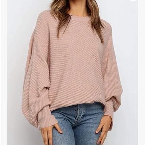 Oversized Crewneck Sweater Batwing Puff Long Sleeve Cable Slouchy Pullover